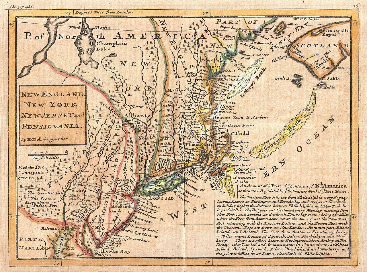 Herman Moll, New England, New York, New Jersey and Pensilvania, 1729. Wikimedia Commons.