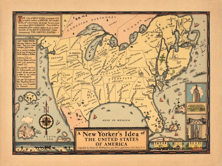 Daniel K. Wallingford, A New Yorker’s Idea of the United States of America, 1937. David Rumsey Map Collection.