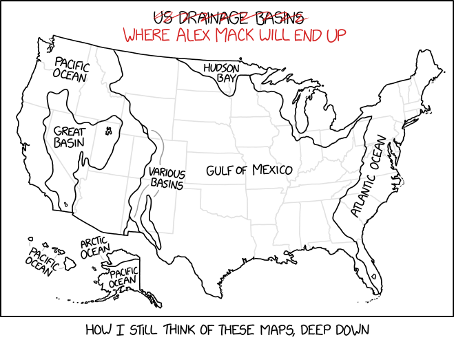 An xkcd comic showing a map of drainage basins of the United States, with the title “U.S. Drainage Basins” crossed out and replaced with “Where Alex Mack Will End Up.”